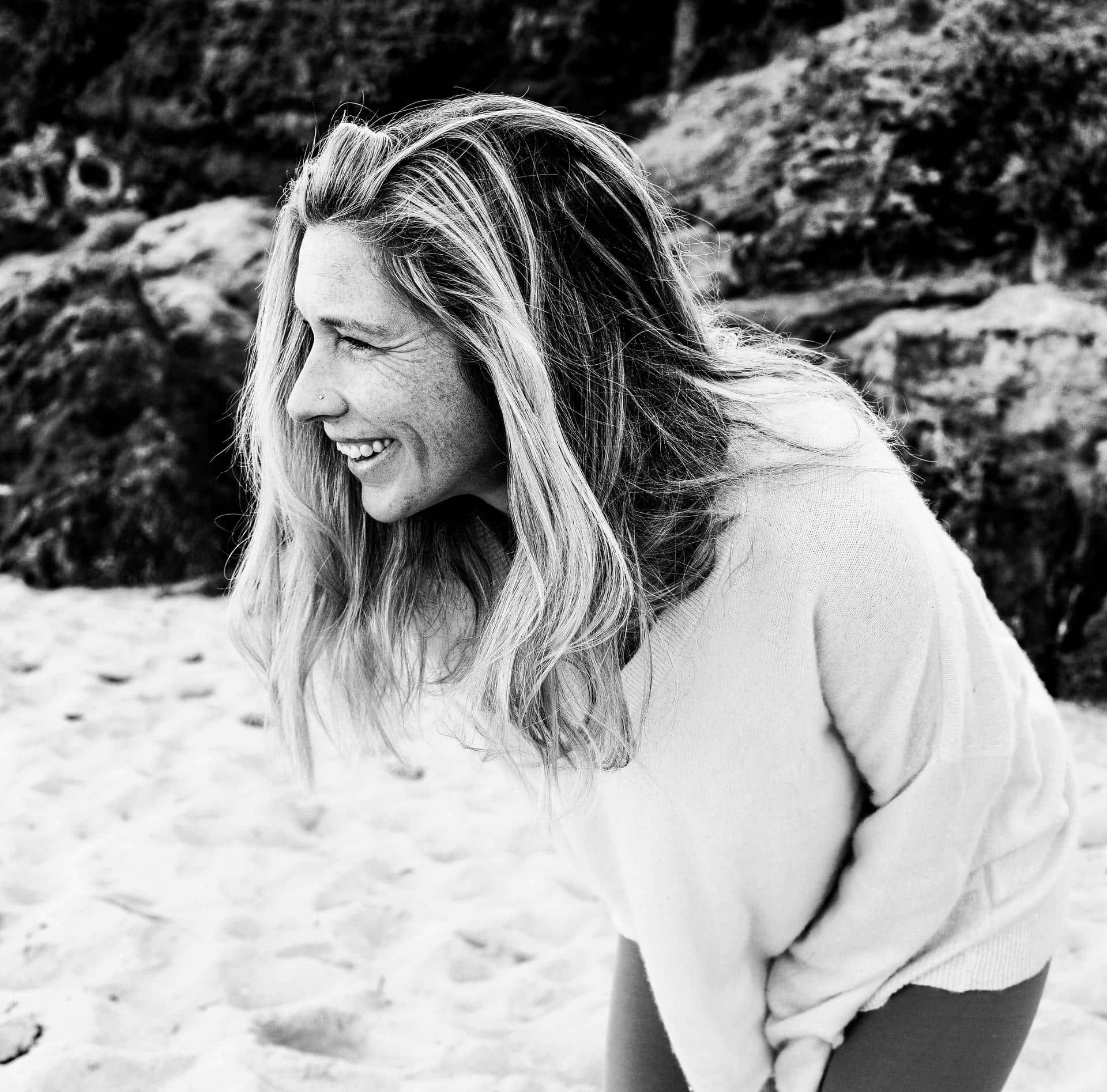 Joyful Middle Aged Woman Beach Portrait Background