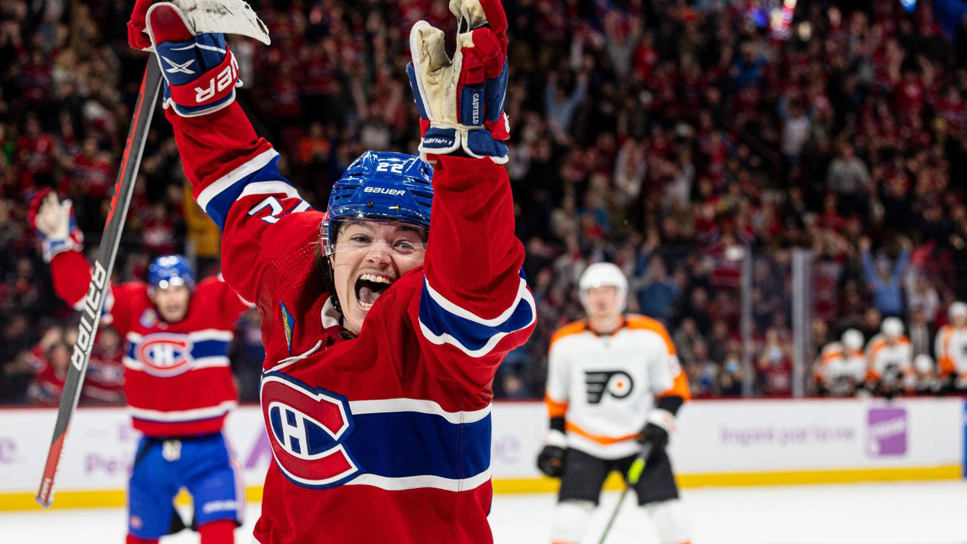 Jubilant Cole Caufield Celebrates Victory Against Philadelphia Flyers