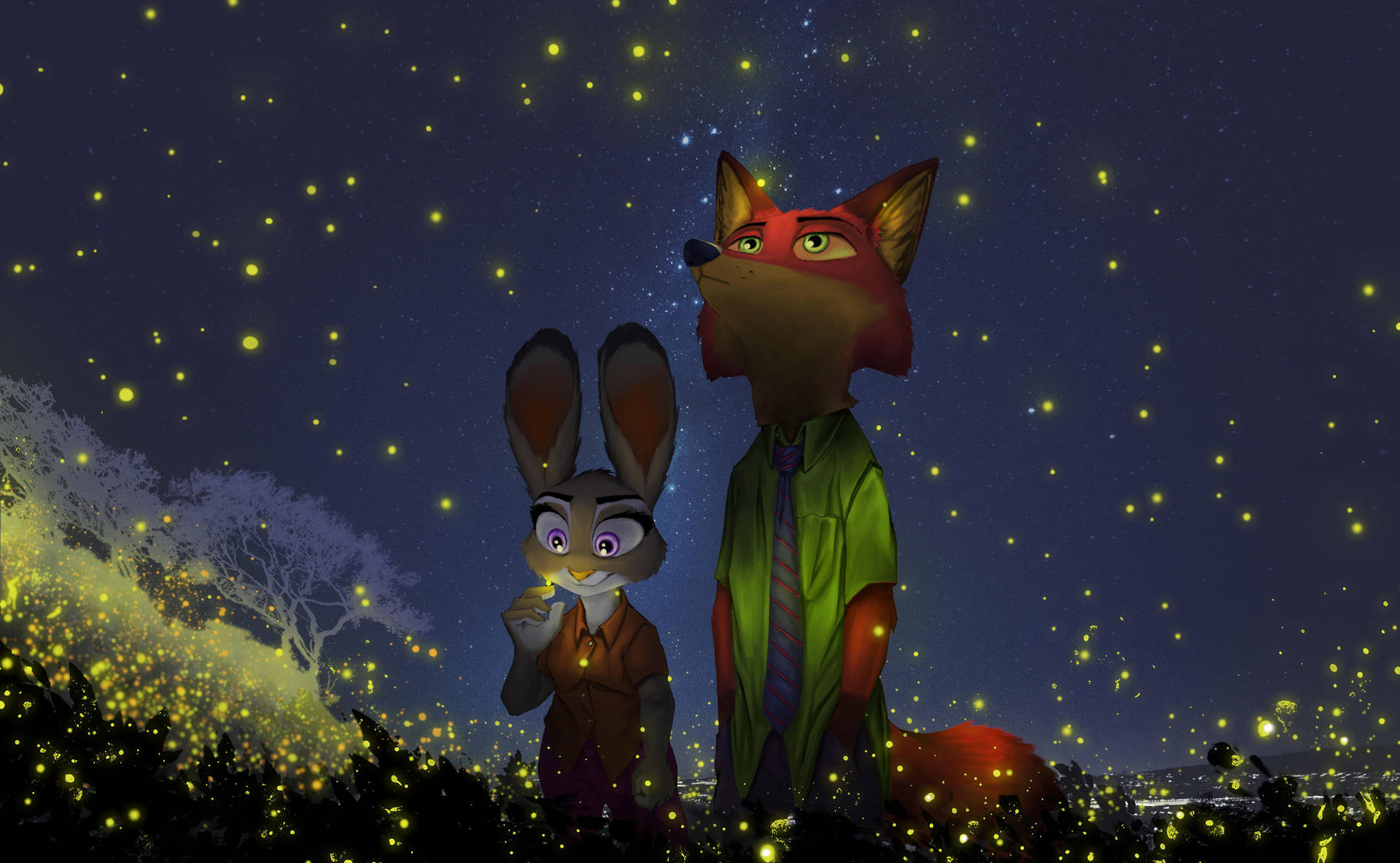 Judy Hopps And Nick Wilde Fireflies Background