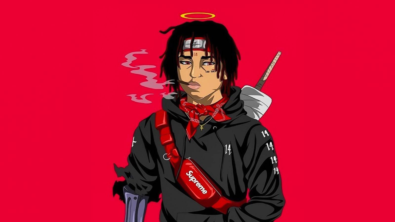 Juice Wrld Anime In Bright Red Background