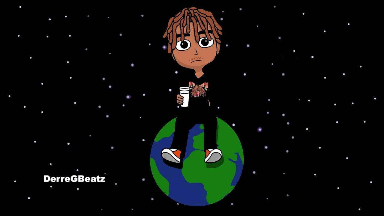 Juice Wrld Cartoon Sitting On Globe Background