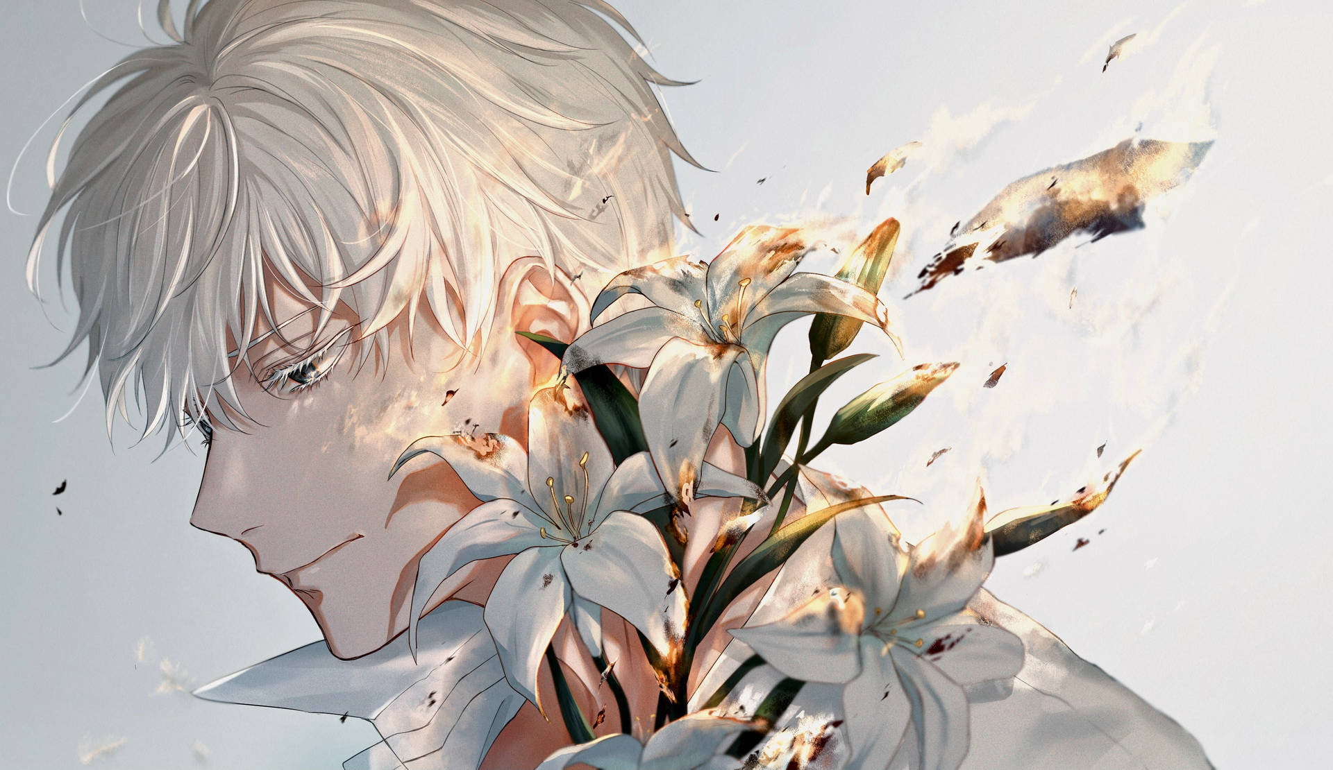 Jujutsu Kaisen Gojo White Flowers Background