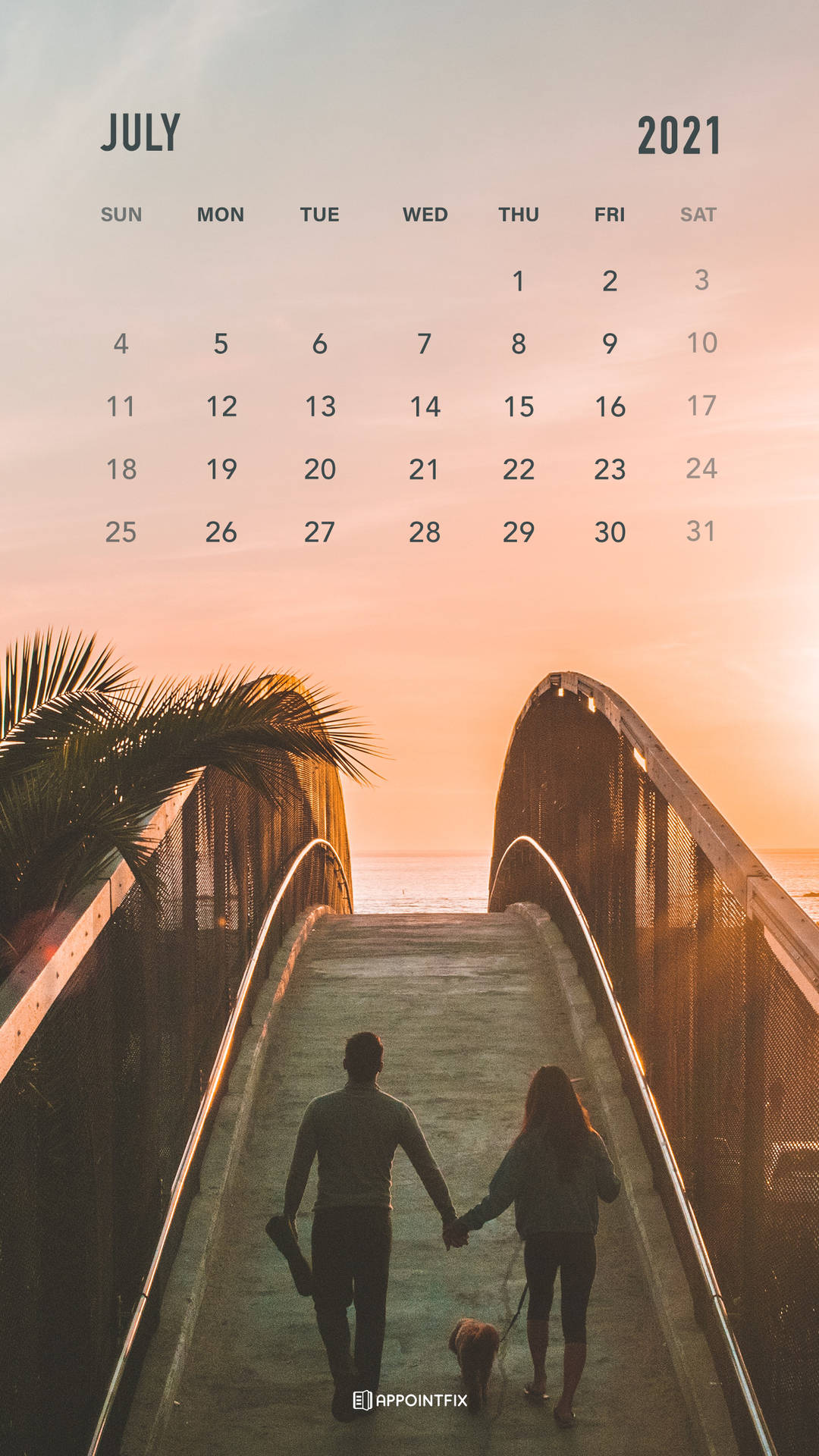 July 2021 Calendar With Two People Walking On A Bridge