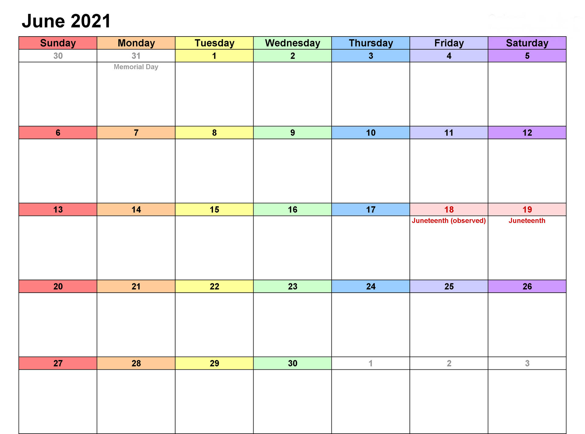 June 2021 Calendar With Holidays And Holidays