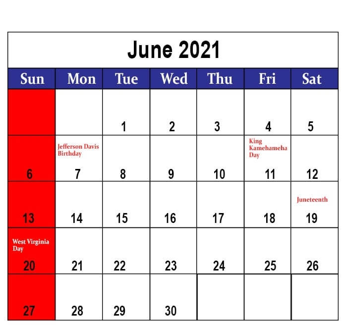 June 2021 Calendar With Red And Blue Dates Background