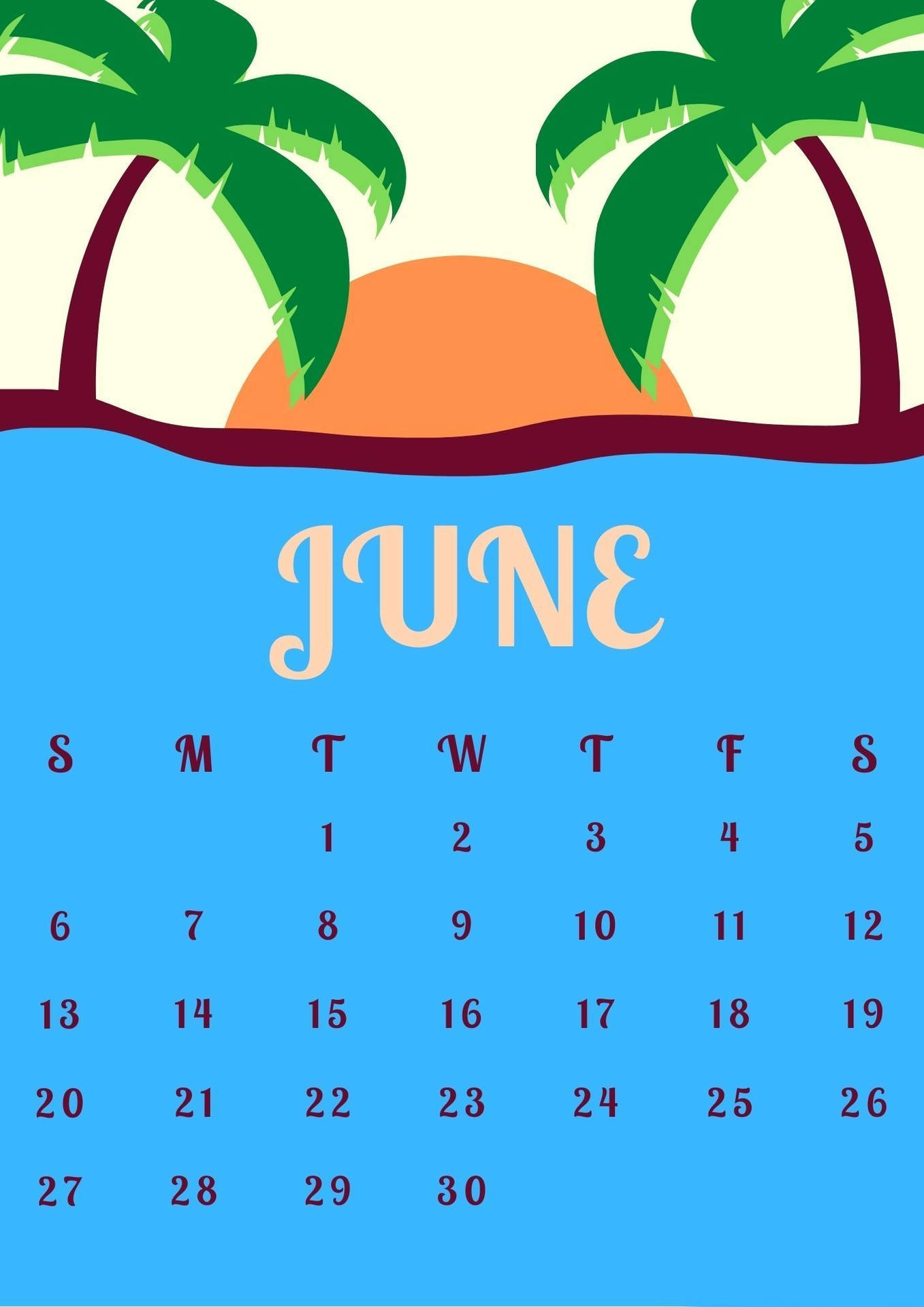 June Calendar With Palm Trees And Sun Background