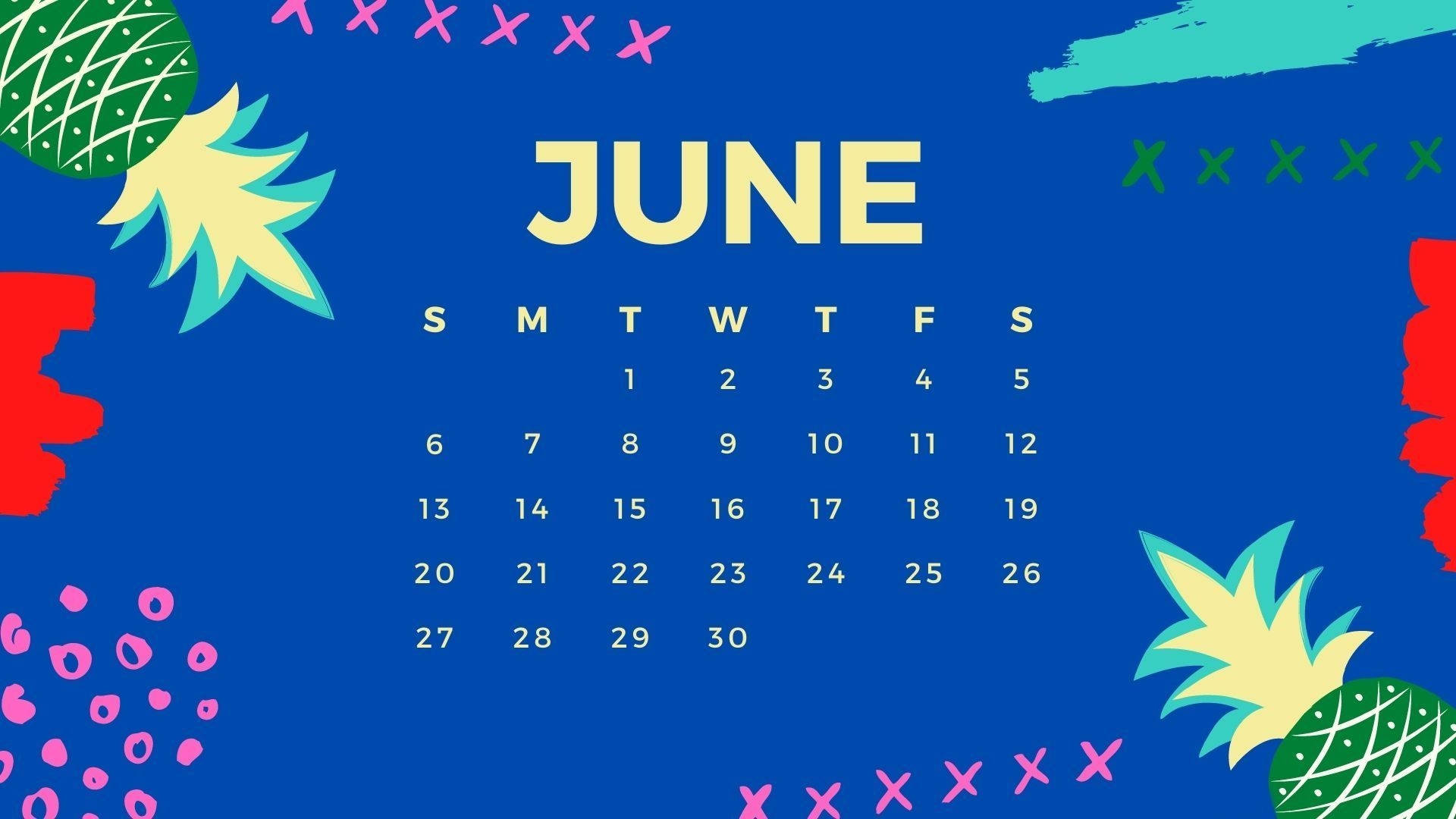 June Calendar With Pineapples And Colorful Designs