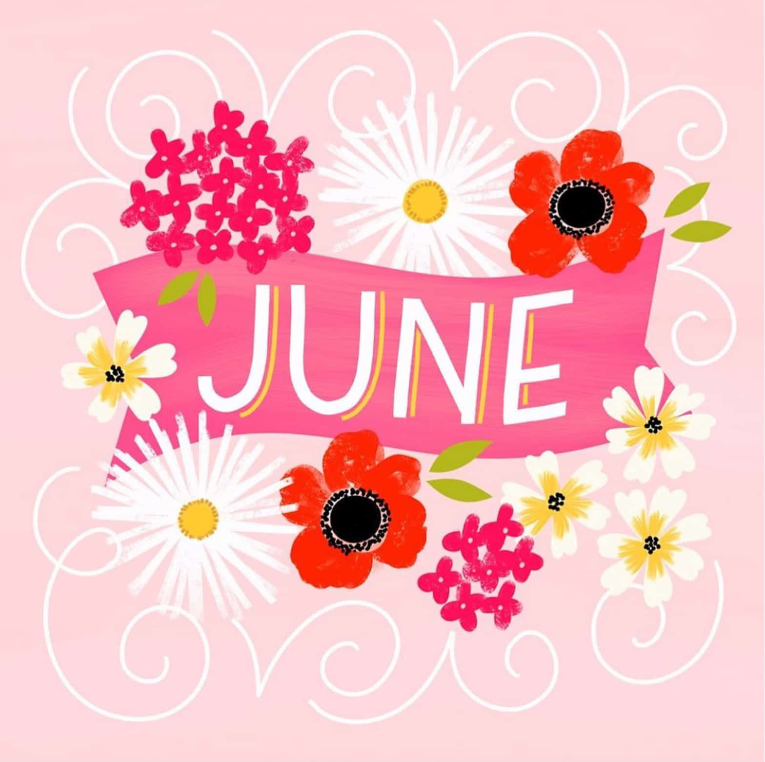 June Greeting Card With Flowers And Ribbon Background