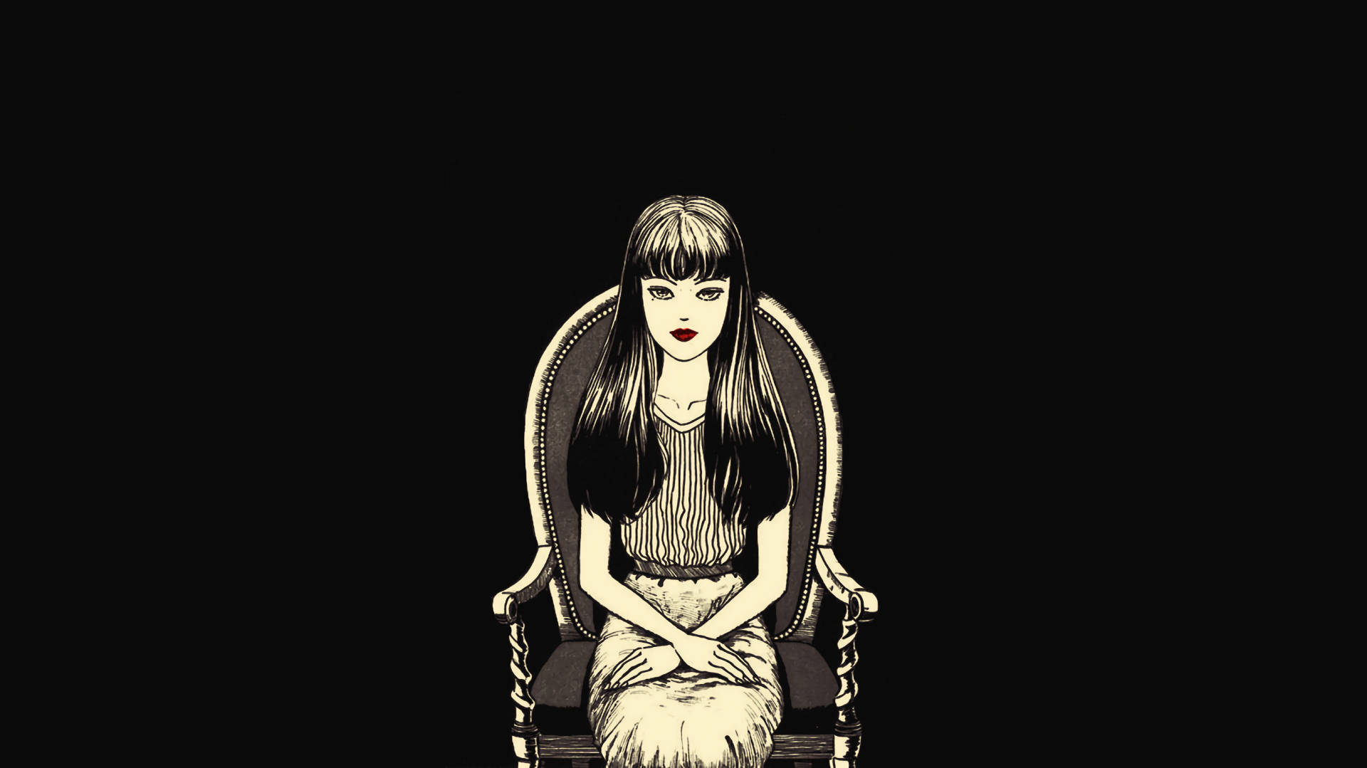 Junji Ito's Character Tomie Kawakami Lounging On A Chair Background