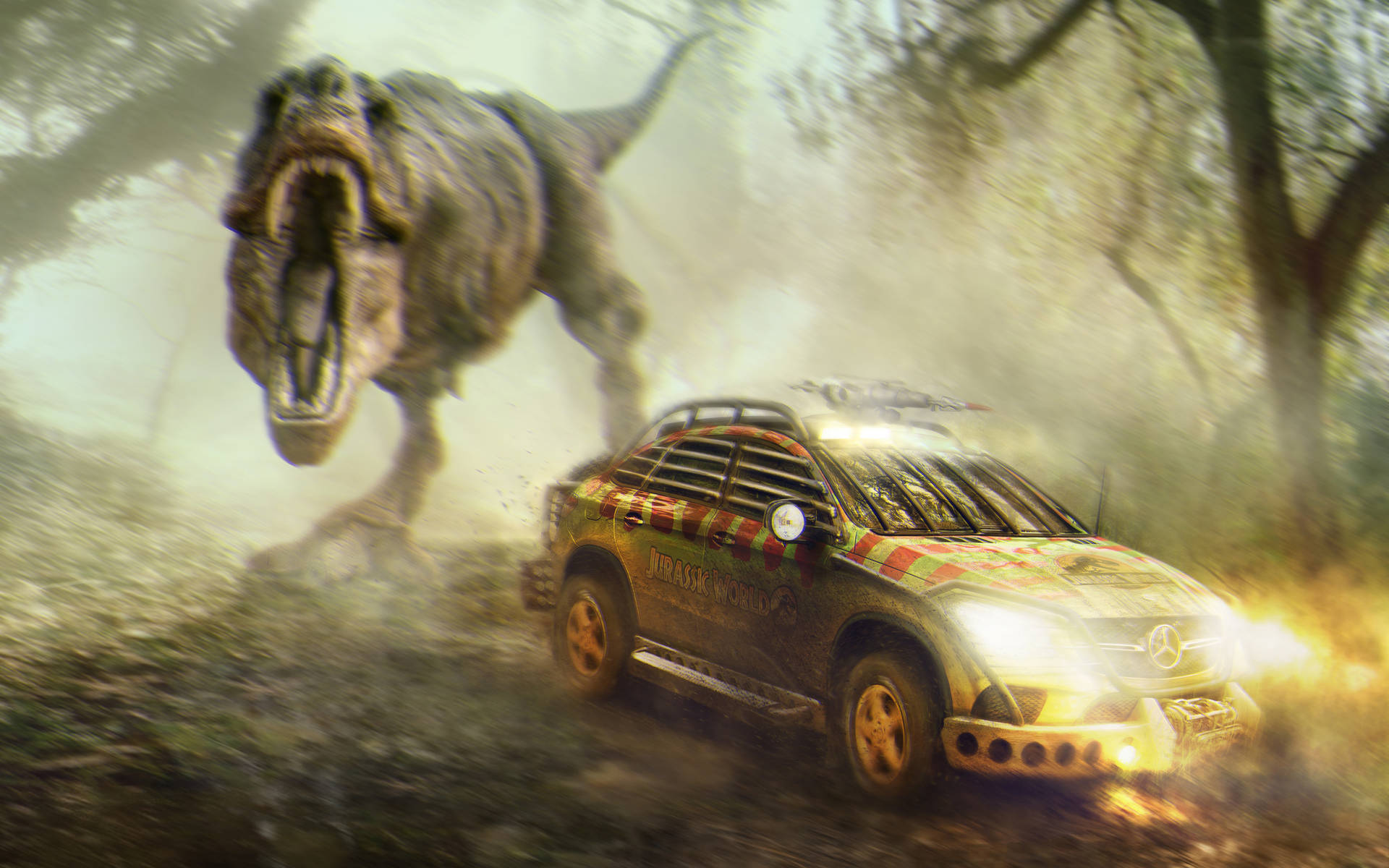 Jurassic World With A Car Background