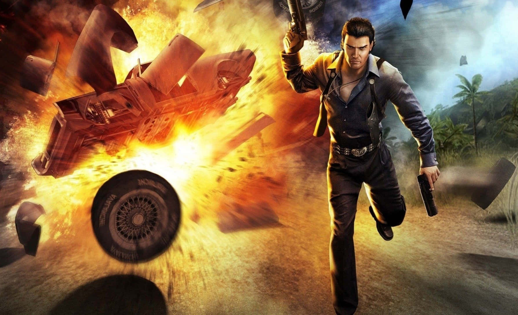 Just Cause 1 Rico Escapes Car Explosion Background