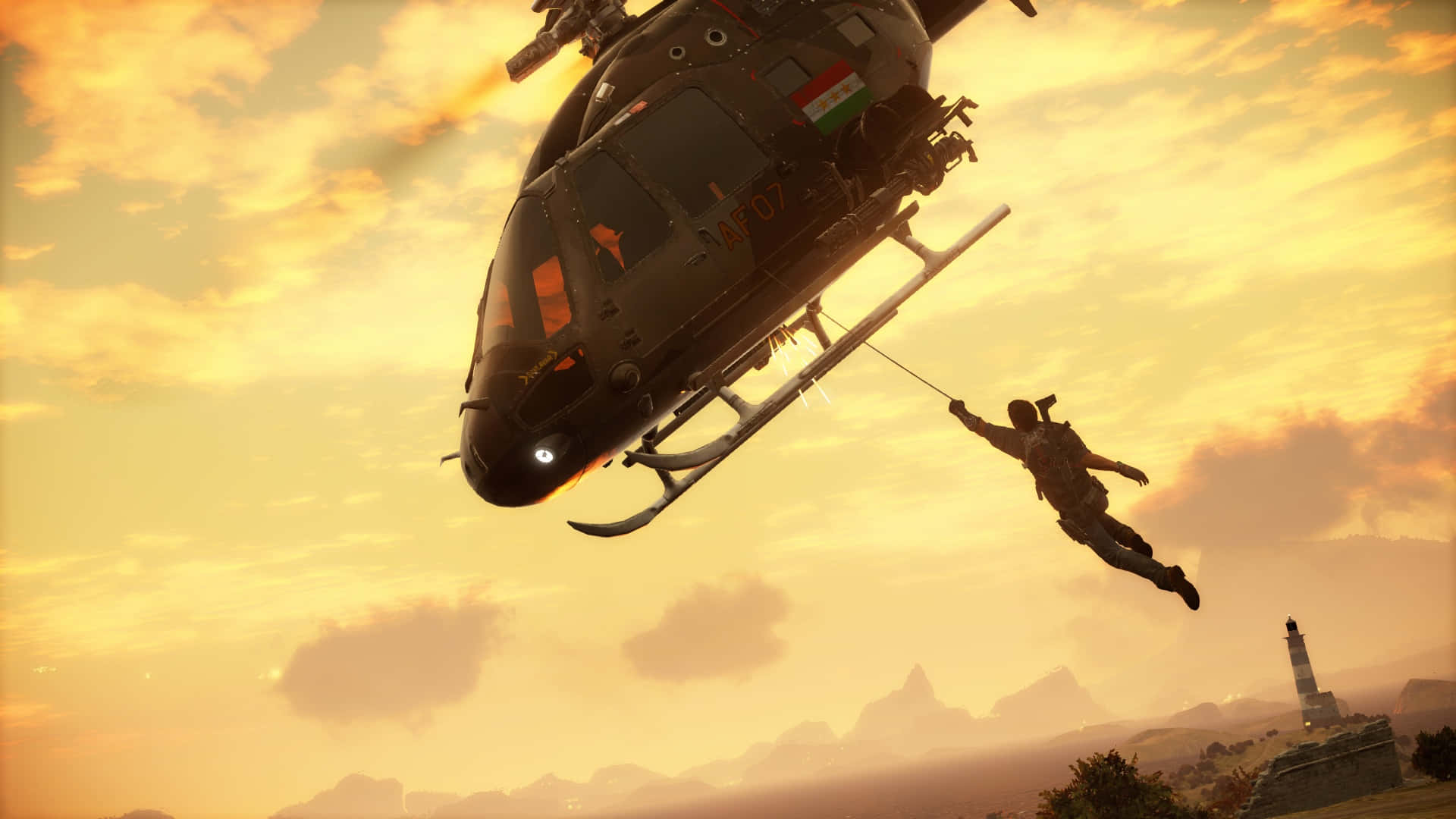 Just Cause3 Helicopter Stunt Sunset Background