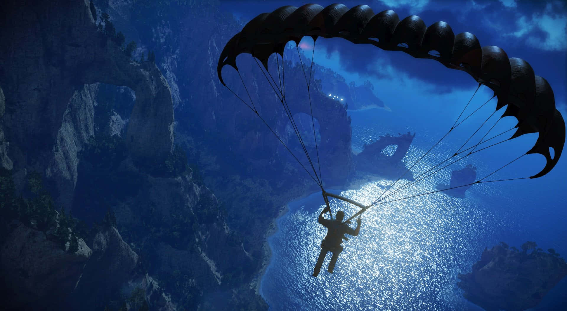 Just Cause3 Parachuting Over Island Background