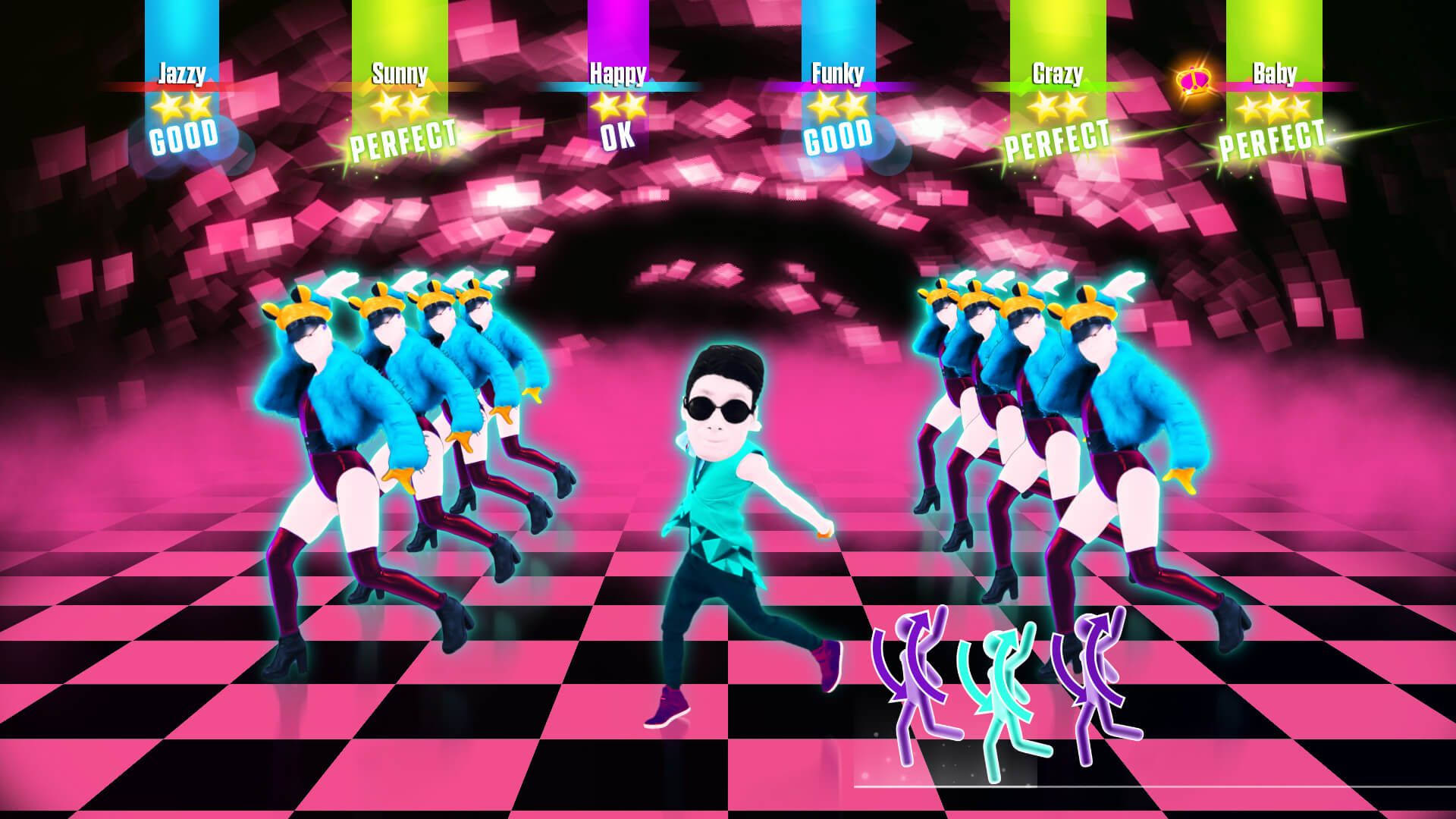 Just Dance Duplicating Dancers On Checkered Floor Background