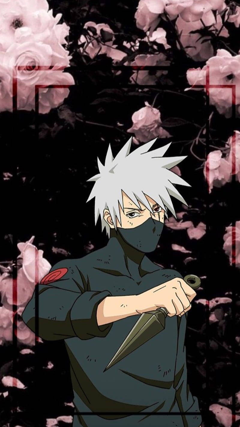 Kakashi Iphone With Knife And Pink Flowers Background