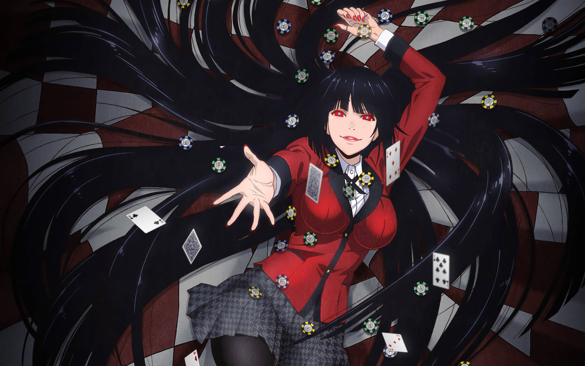 Kakegurui Yumeko With Falling Cards And Chips Background