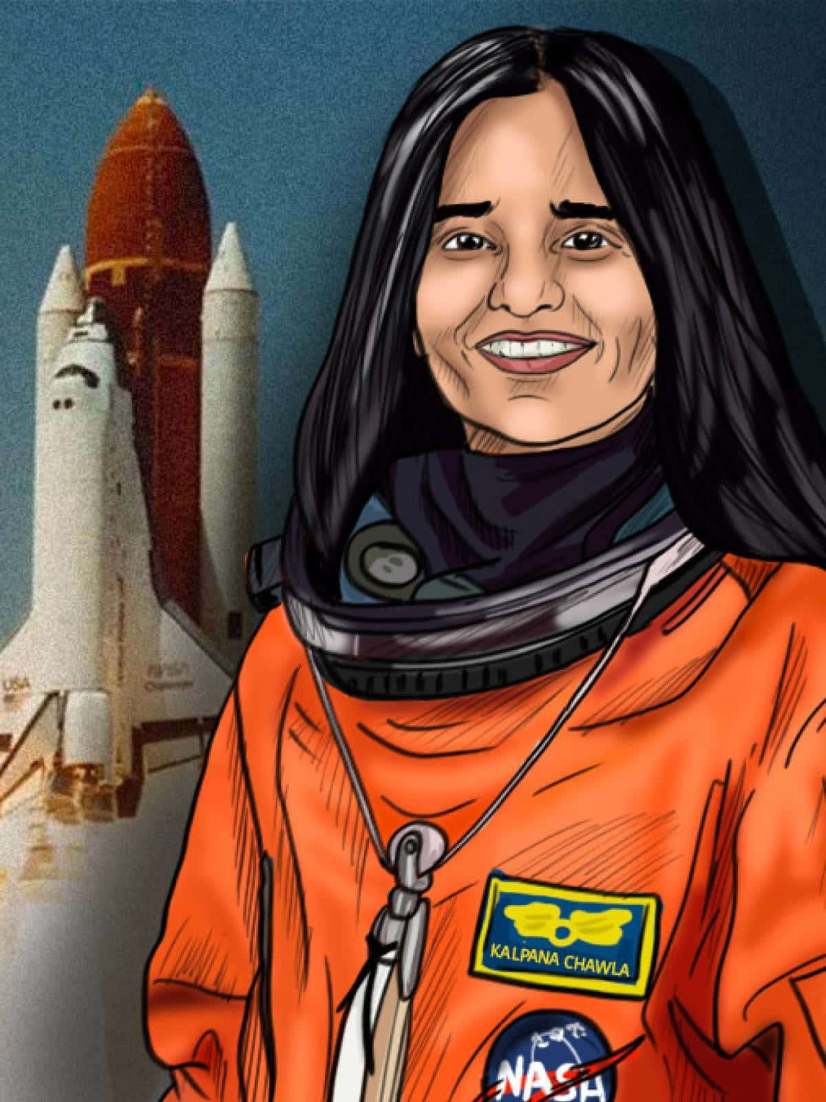 Kalpana Chawla Illustrationwith Space Shuttle Background