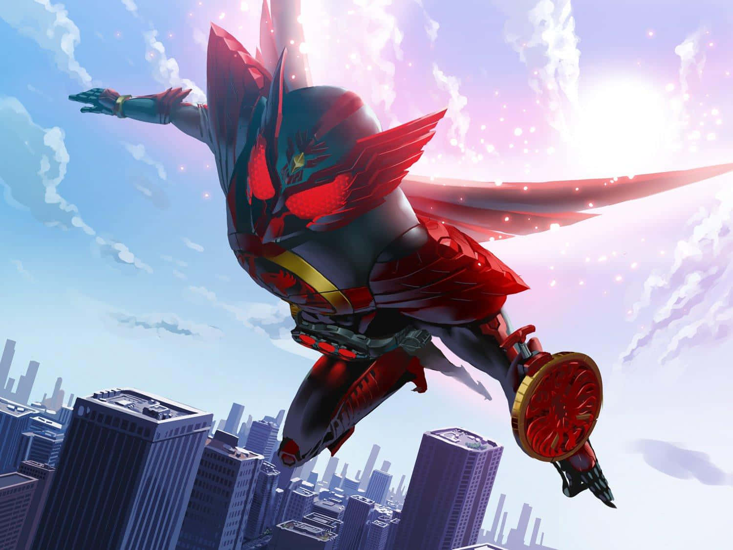 Kamen Rider Flying Above Cityscape Background