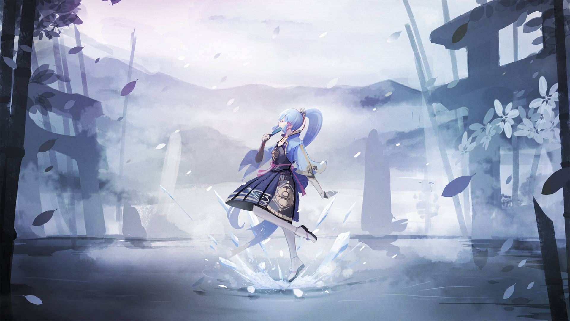 Kamisato Ayaka Gracefully Navigating Icy Steps Background