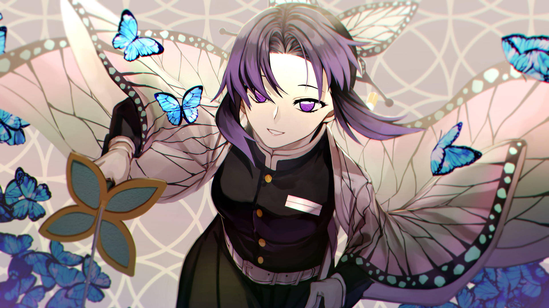 Kanae Kocho With Blue Butterflies Background