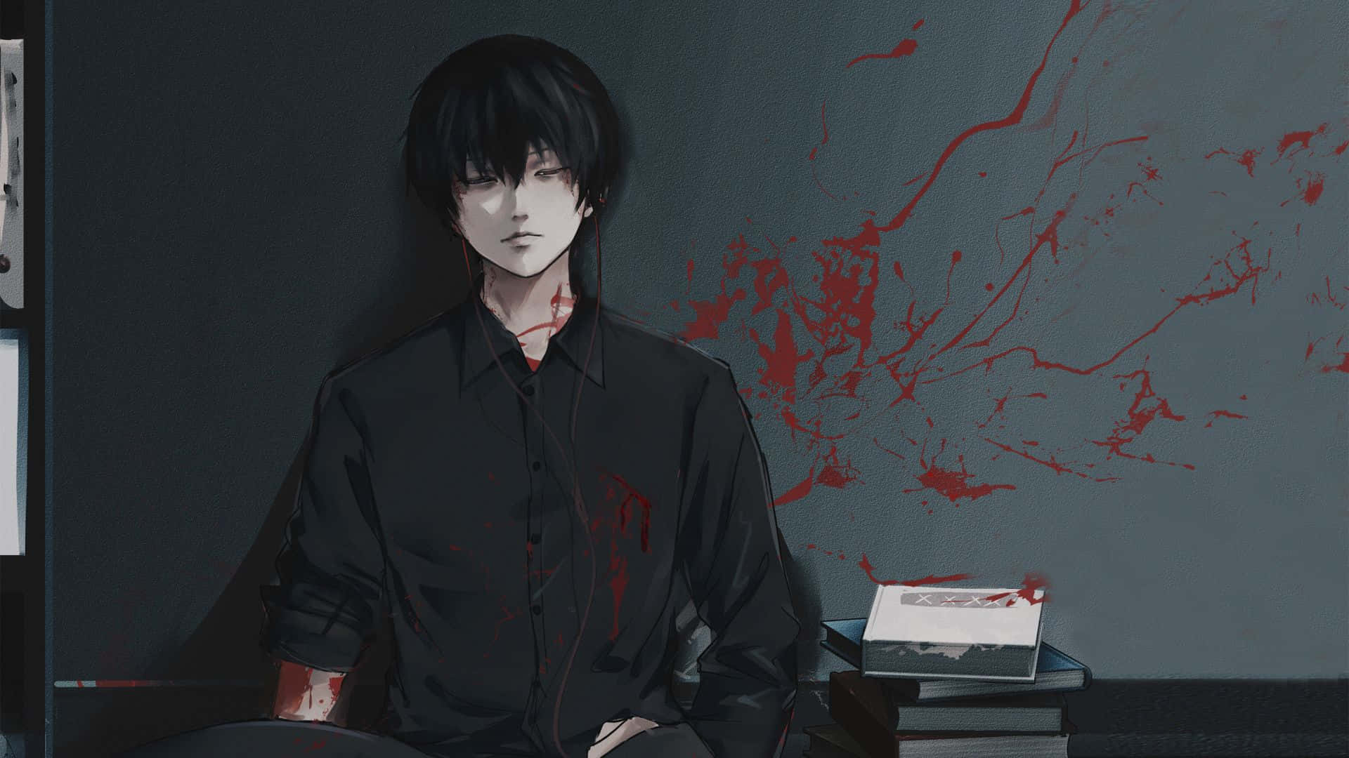 Kaneki Anime Sad With Blood Background