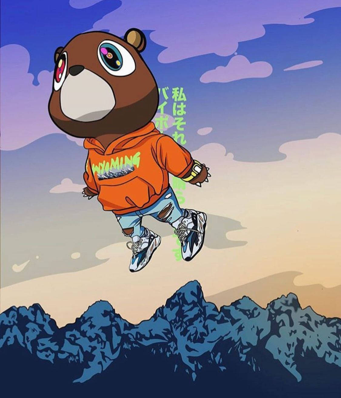 Kanye West Bear Floating Above Mountains Japanese Characters Background