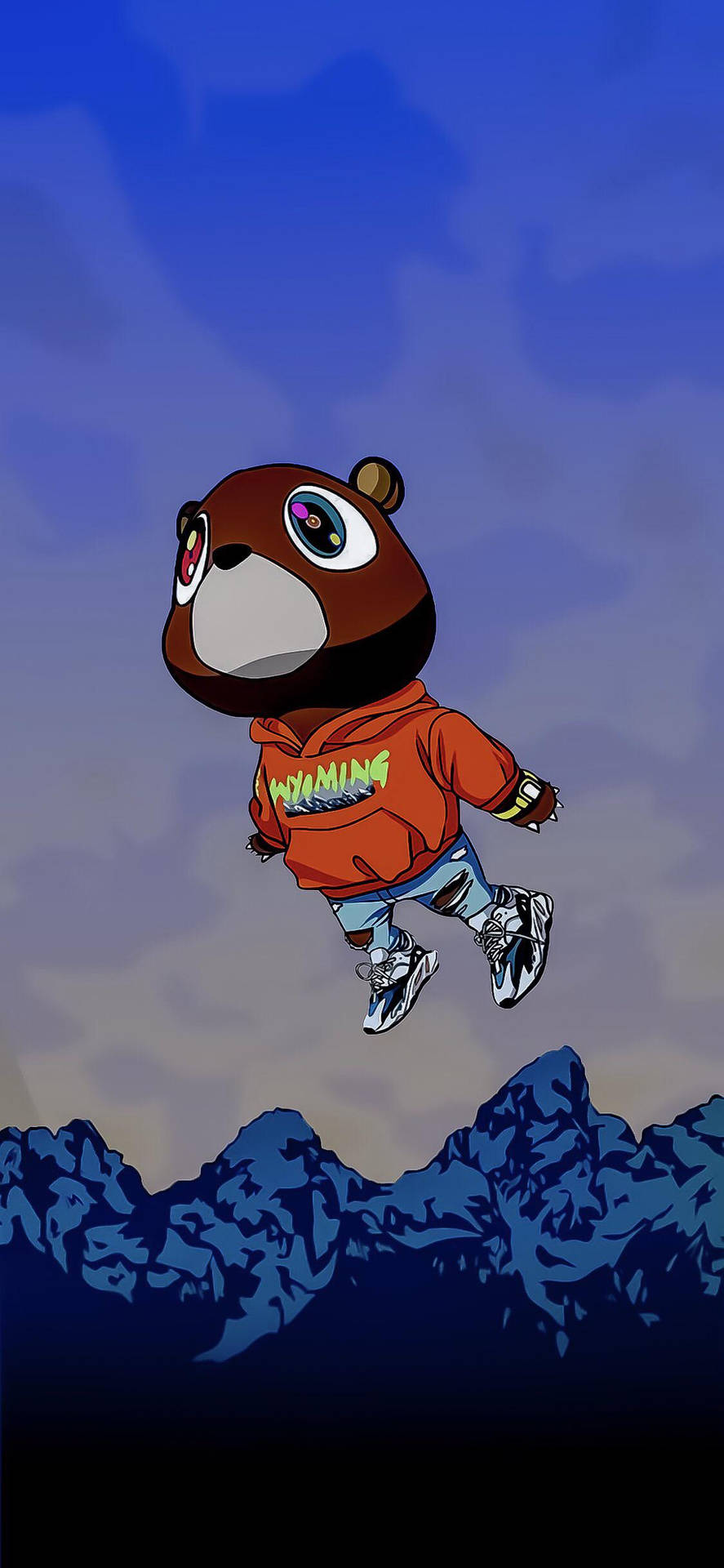 Kanye West Bear Floating Blue Aesthetic Mountains Background