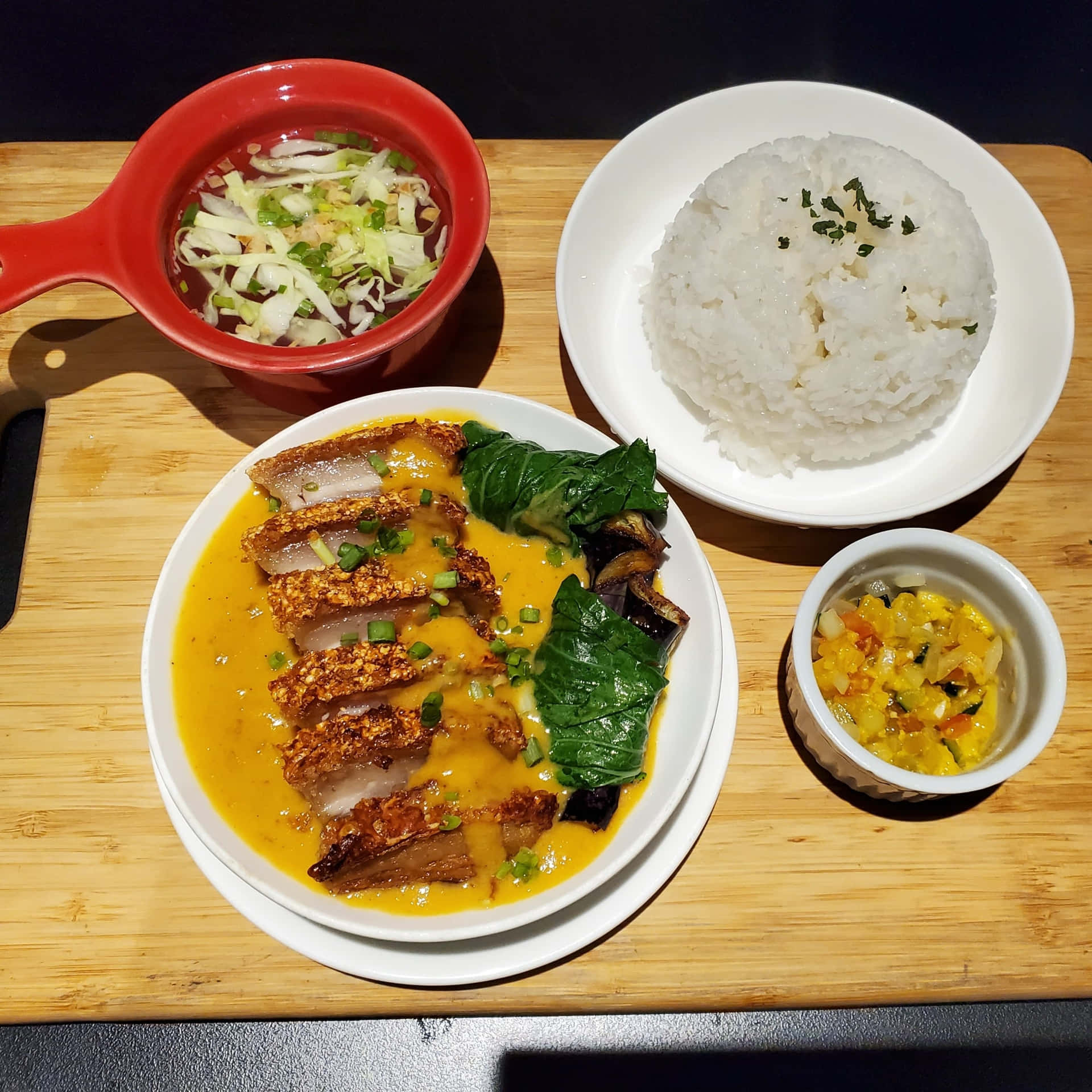 Kare-kare With Rice And Side Dishes Background