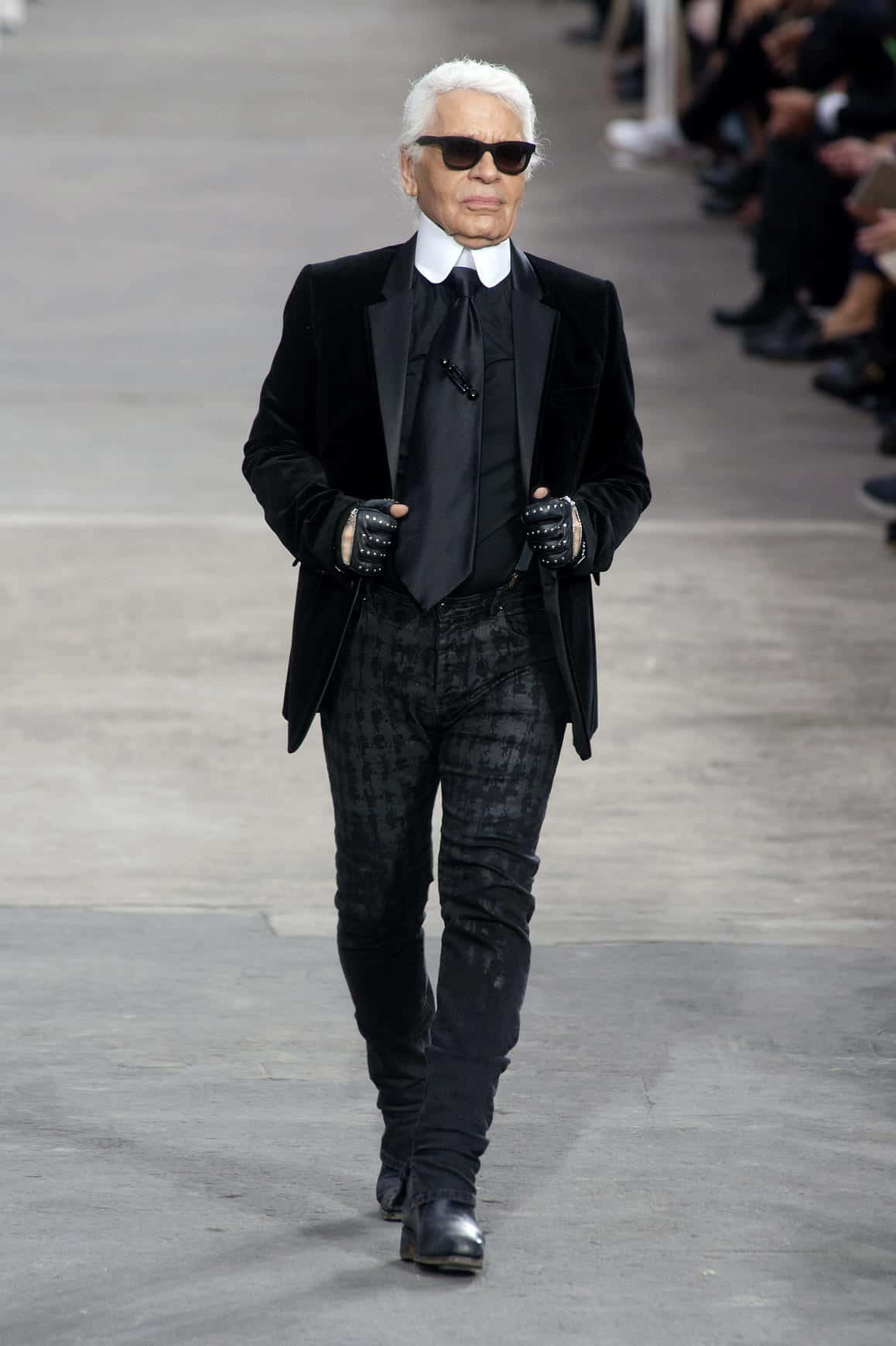 Karl Lagerfeld In His Iconic Dark Glasses And Fingerless Gloves Background