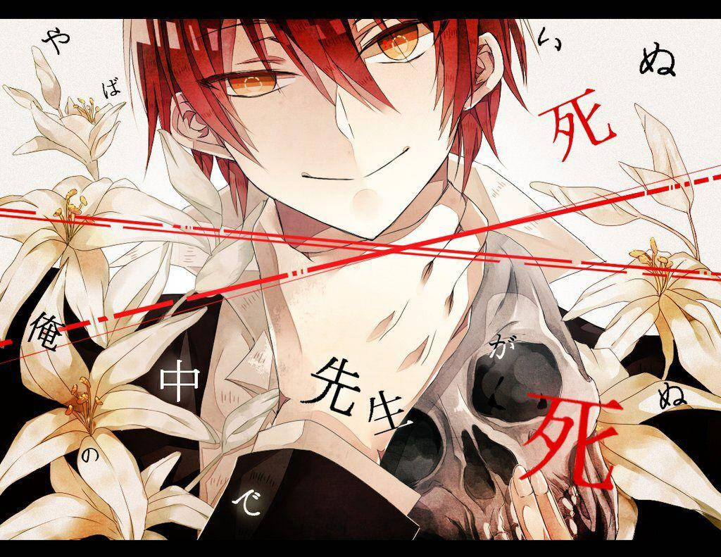 Karma Akabane In Black Suit And Skull Background