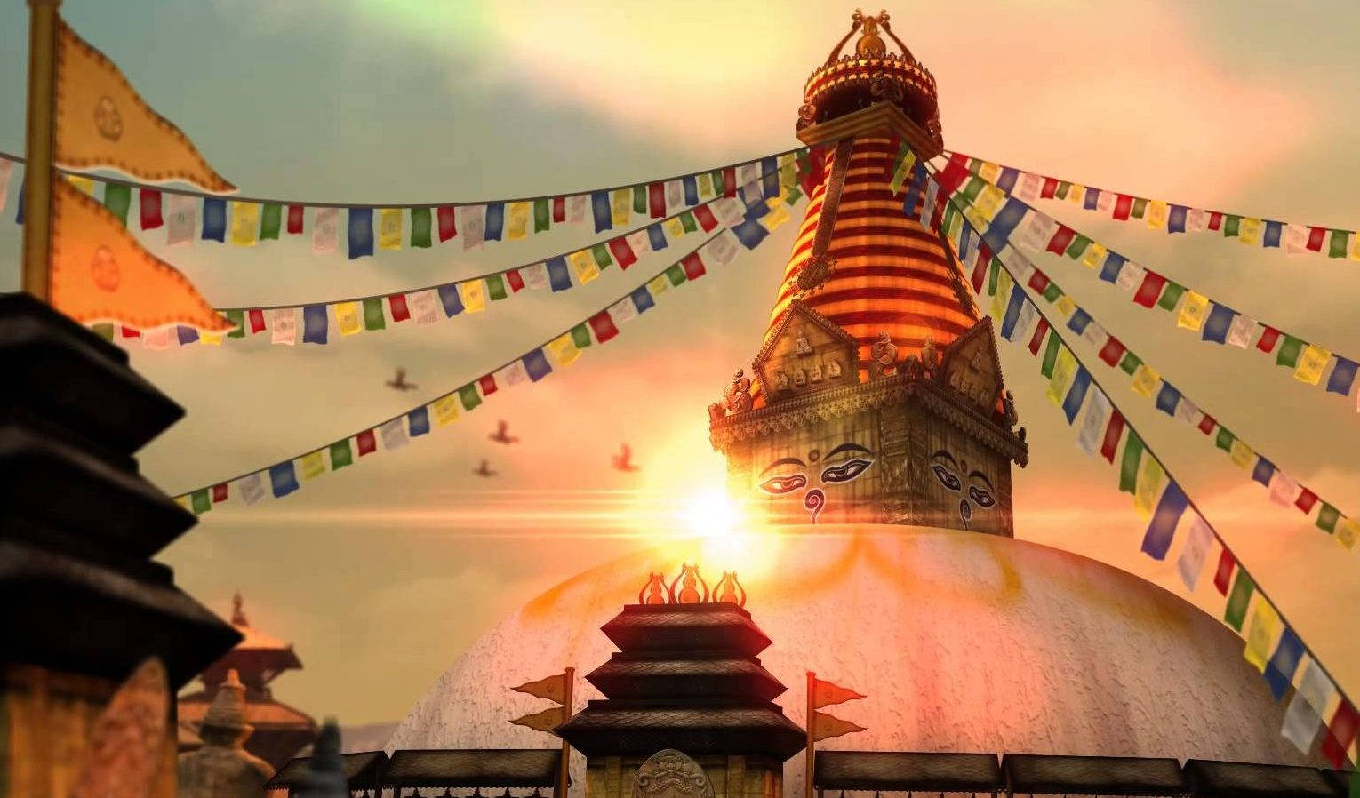 Kathmandu Stupa Faces Sunset Background