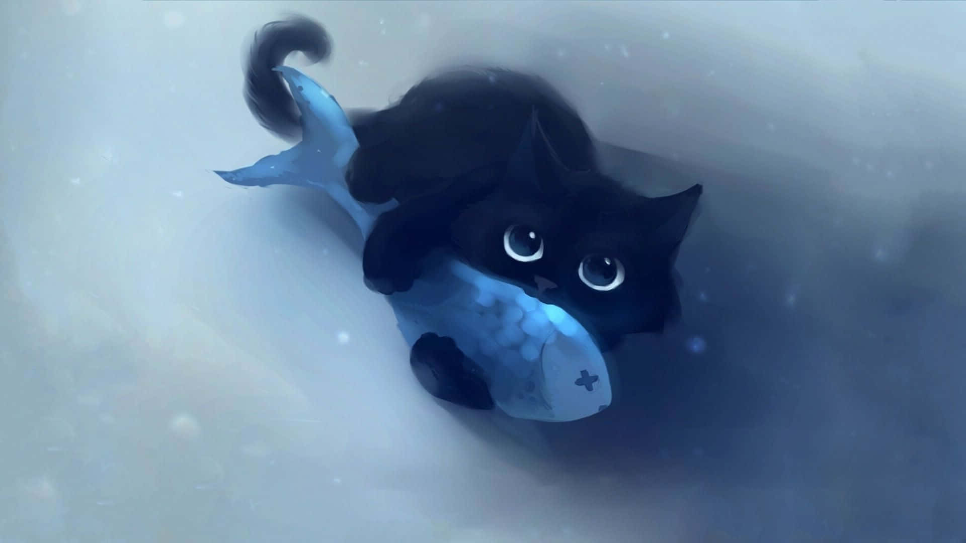 Kawaii Anime Cat Cuddling A Fish Background