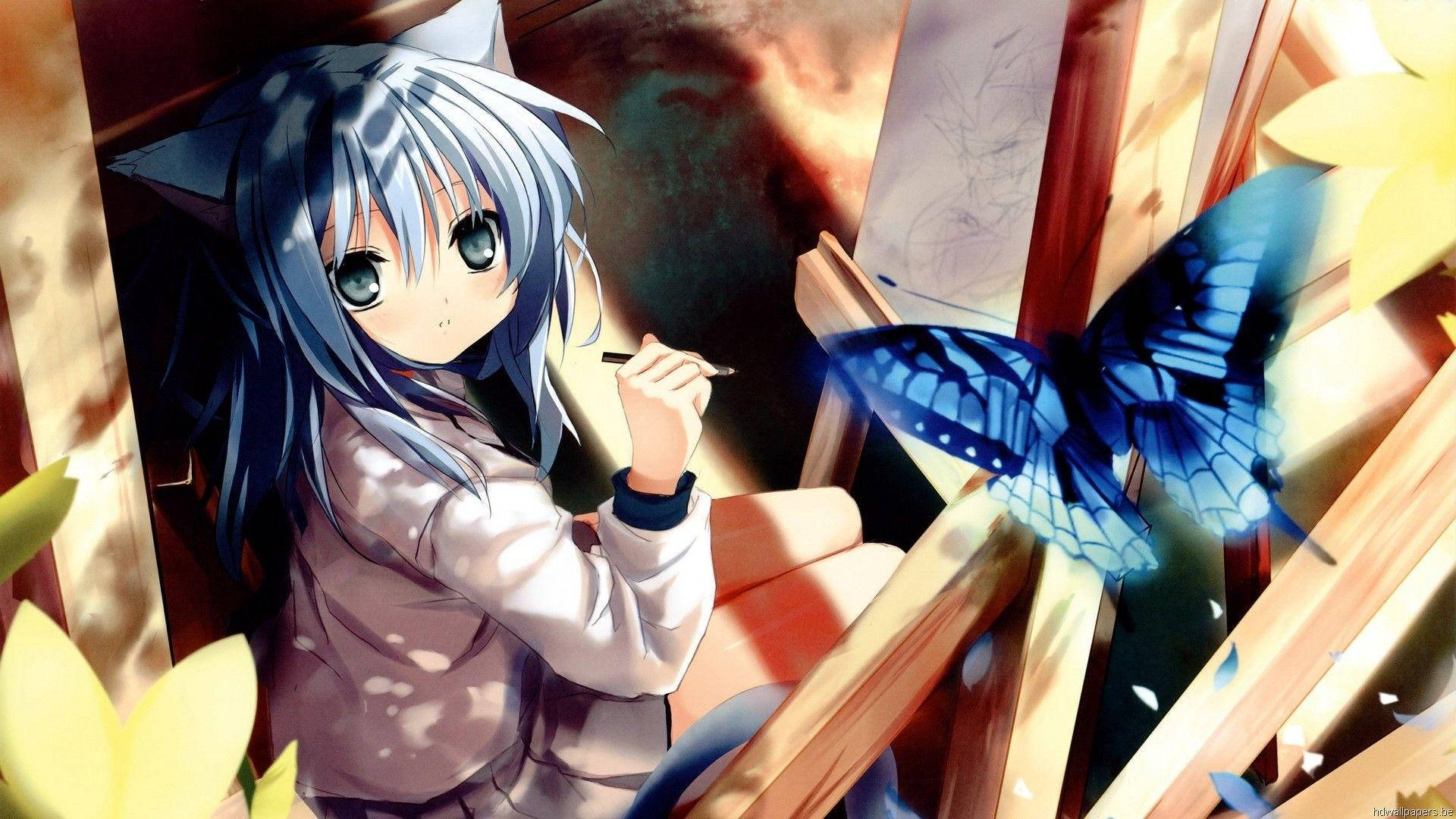 Kawaii Anime Cat Girl With Butterfly Background