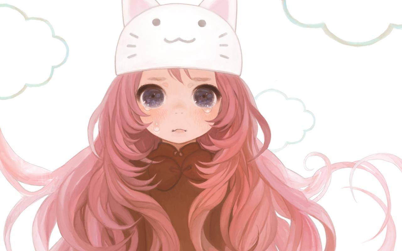 Kawaii Anime Girl Crying With Cat Hat Background