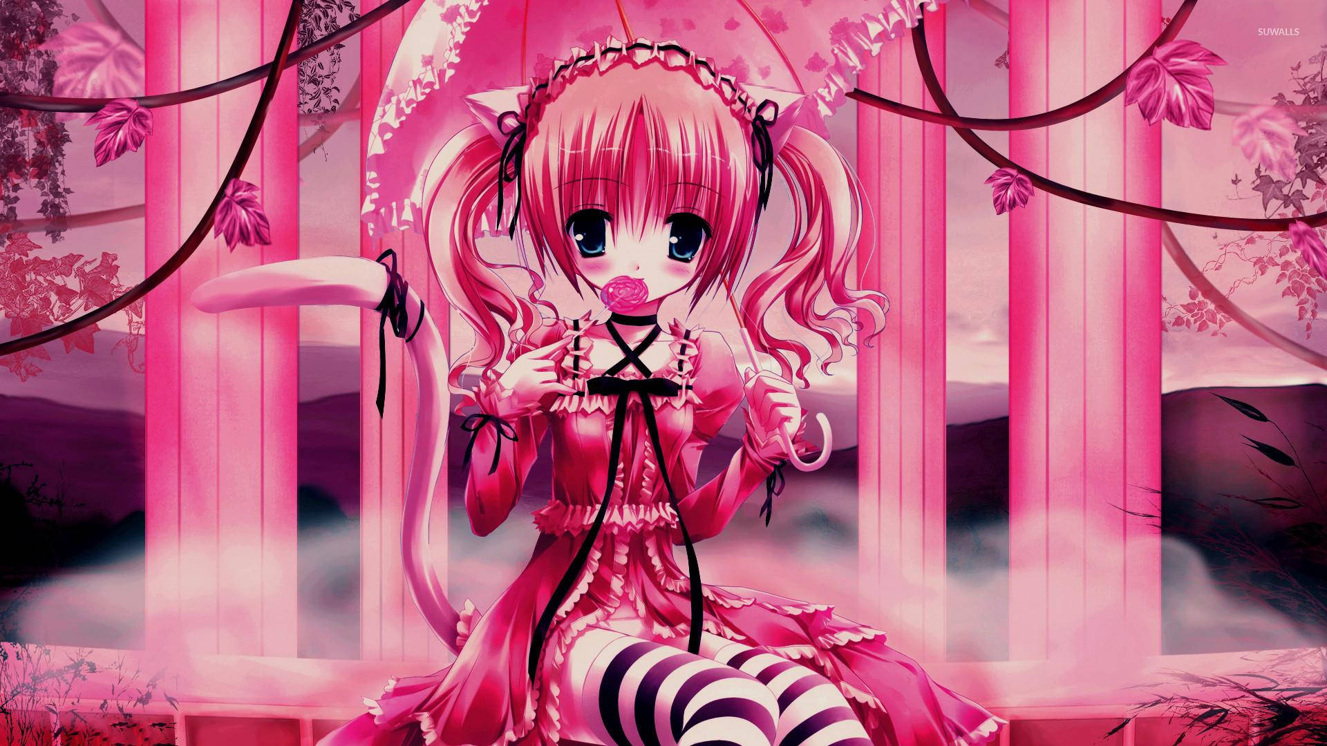 Kawaii Anime Girl In Pink Pillars Background