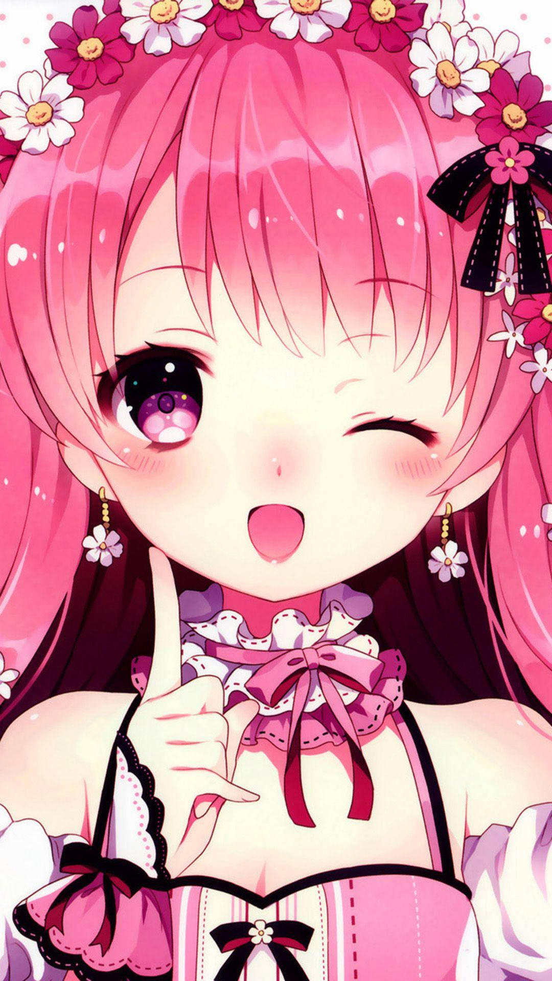 Kawaii Anime Girl In Pink With Flowers Background