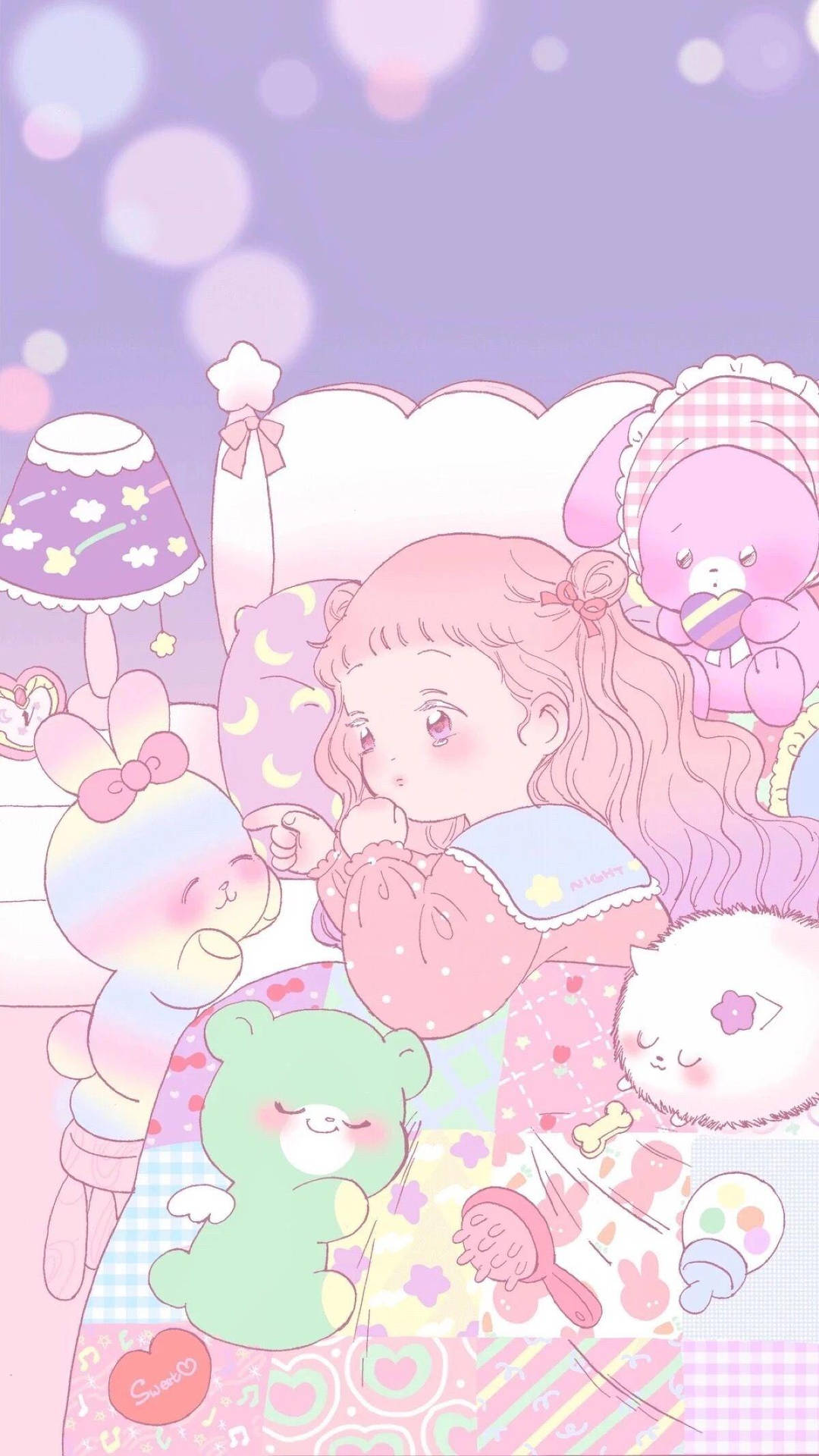 Kawaii Anime Girl On Bed With Sutffed Toys Background