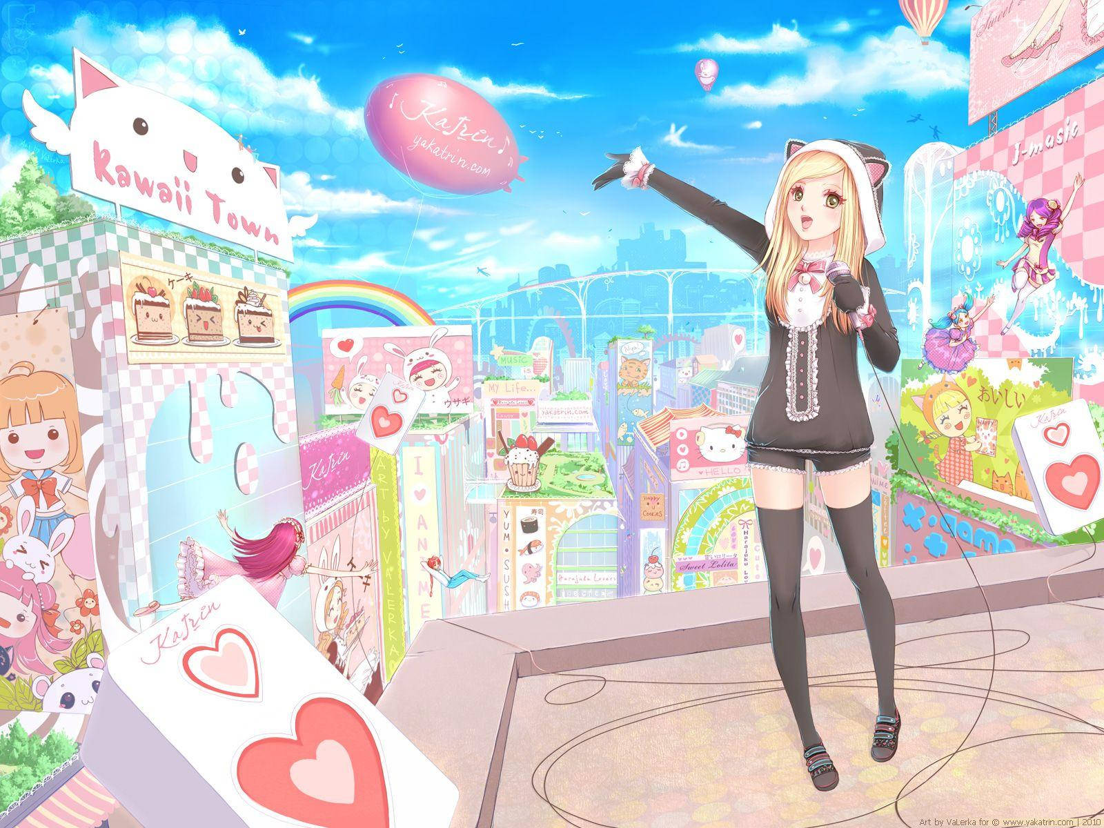 Kawaii Anime Girl Surrounded By Cute Stores Background