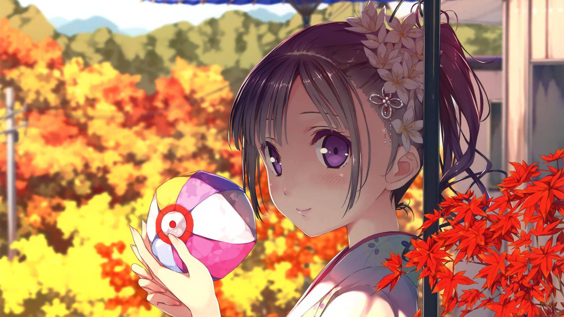 Kawaii Anime Girl With Autumn Leaves Background