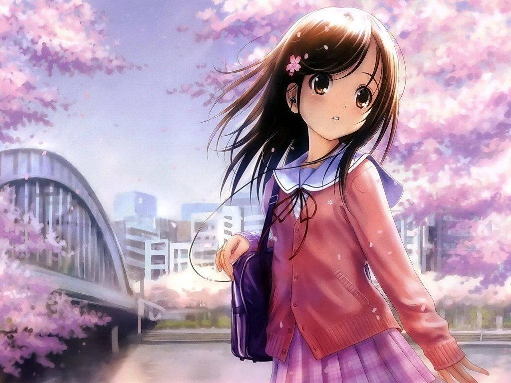 Kawaii Anime Girl With Cherry Blossom Trees Background