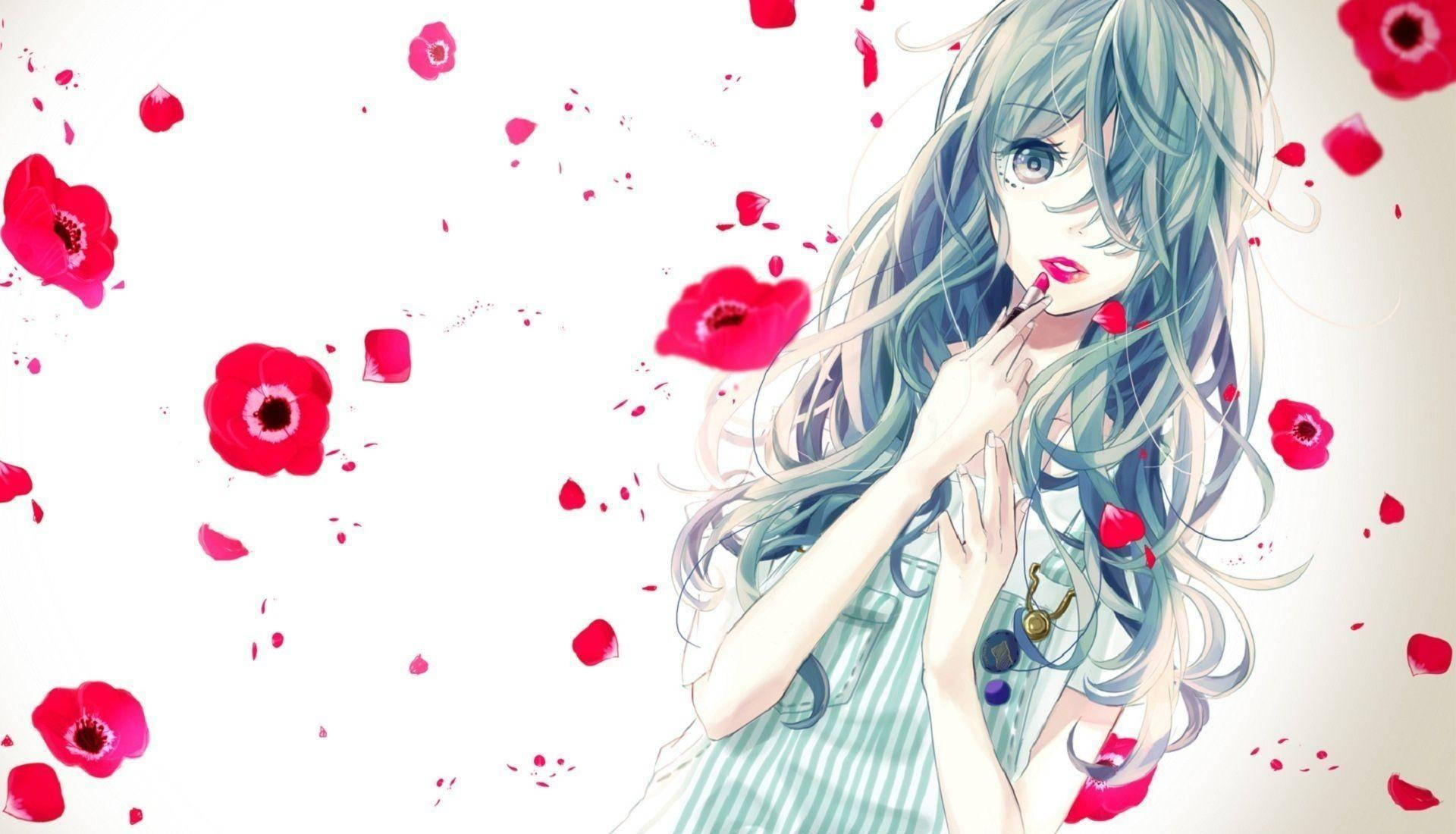 Kawaii Anime Girl With Red Lipstick And Petals Background