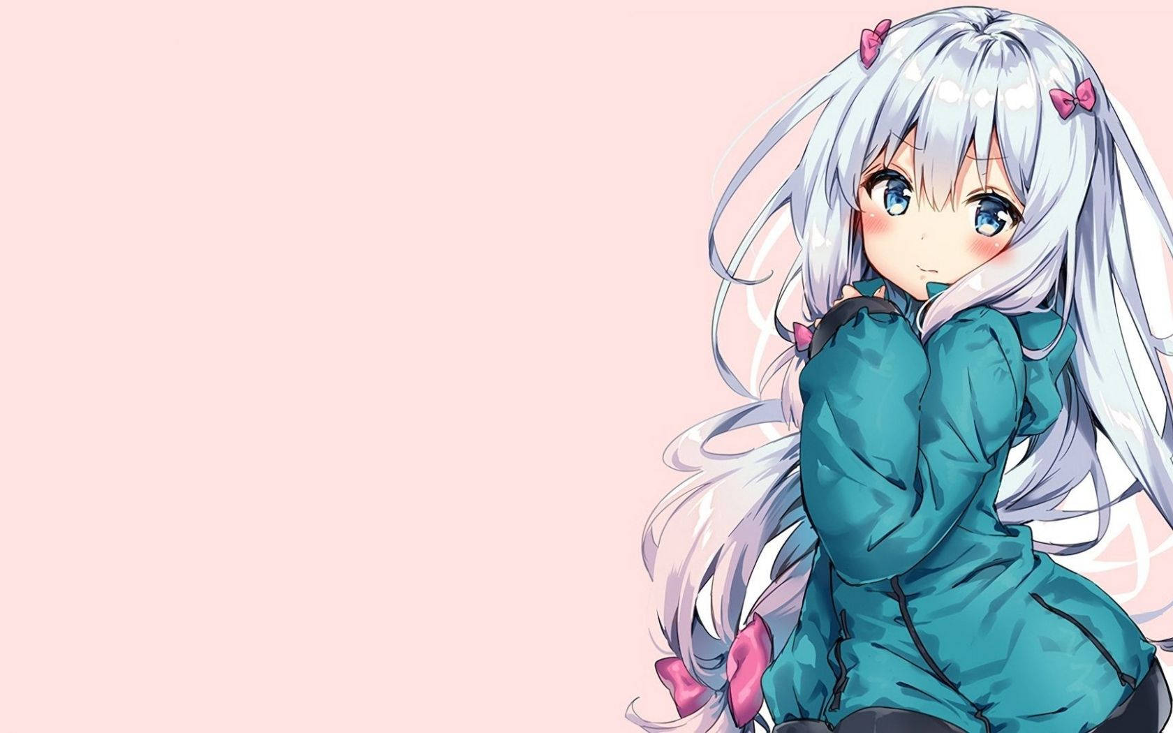 Kawaii Anime Girl With White Hair And Green Dress Background