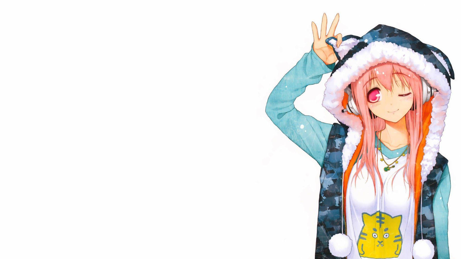 Kawaii Anime Girl Wth Cute Cat Hoodie Background