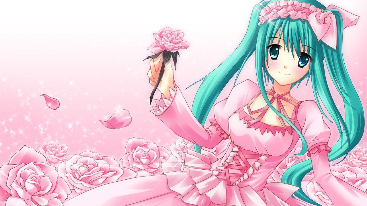 Kawaii Anime Hatsune Miku With Pink Dress And Roses Background