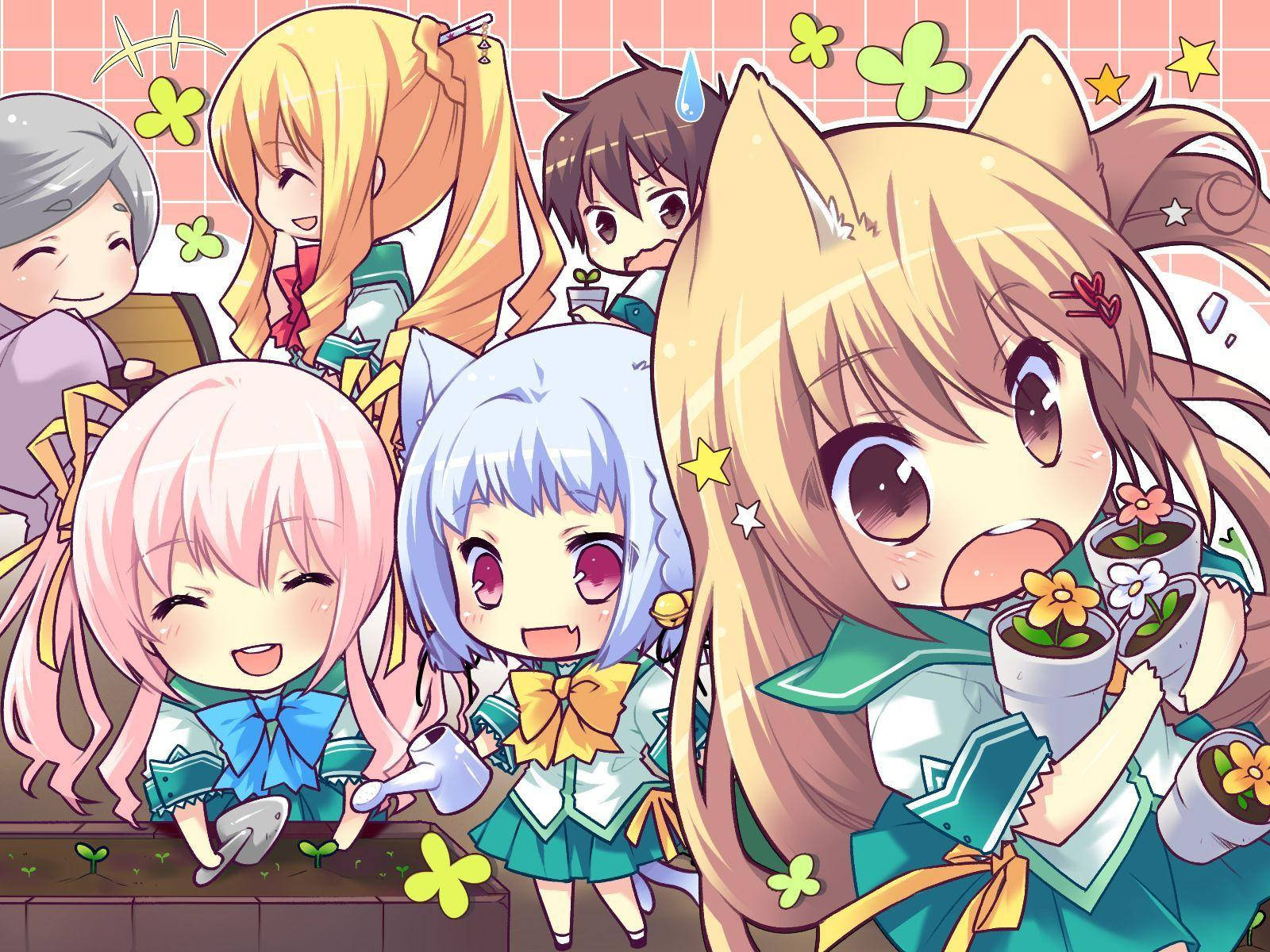 Kawaii Anime Students Doing Gardening Background