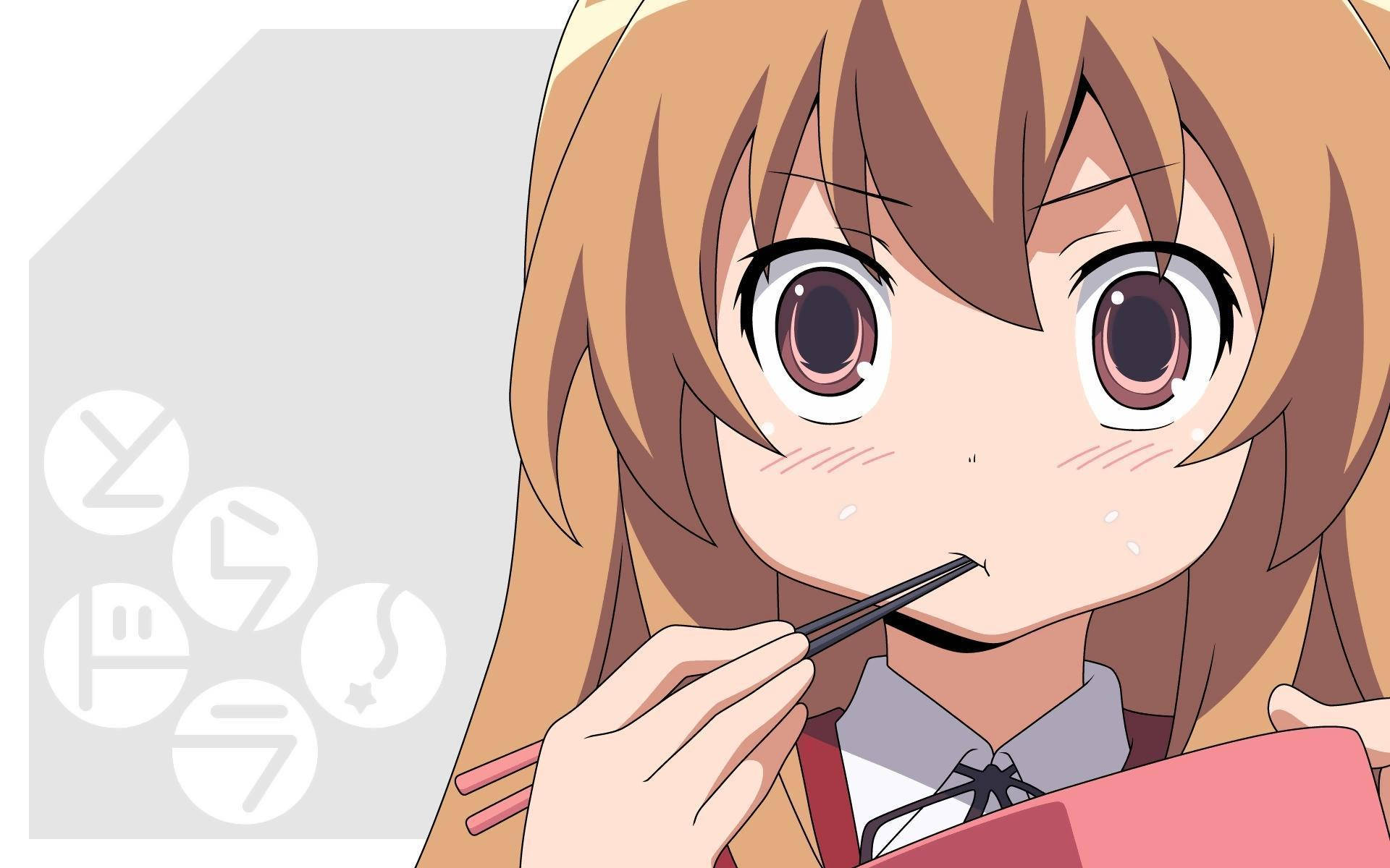 Kawaii Anime Taiga Aisaka Eating Chopsticks Background