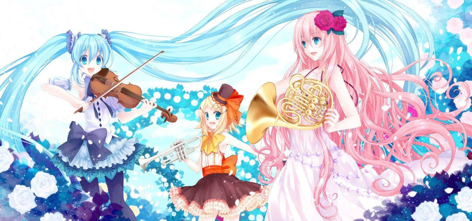 Kawaii Anime Vocaloids With Instruments Background