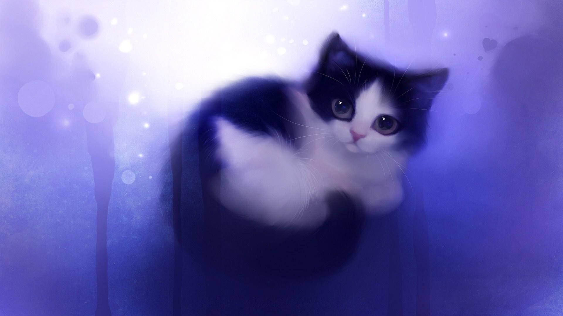 Kawaii Cat With Blue And Purple Smoke Background