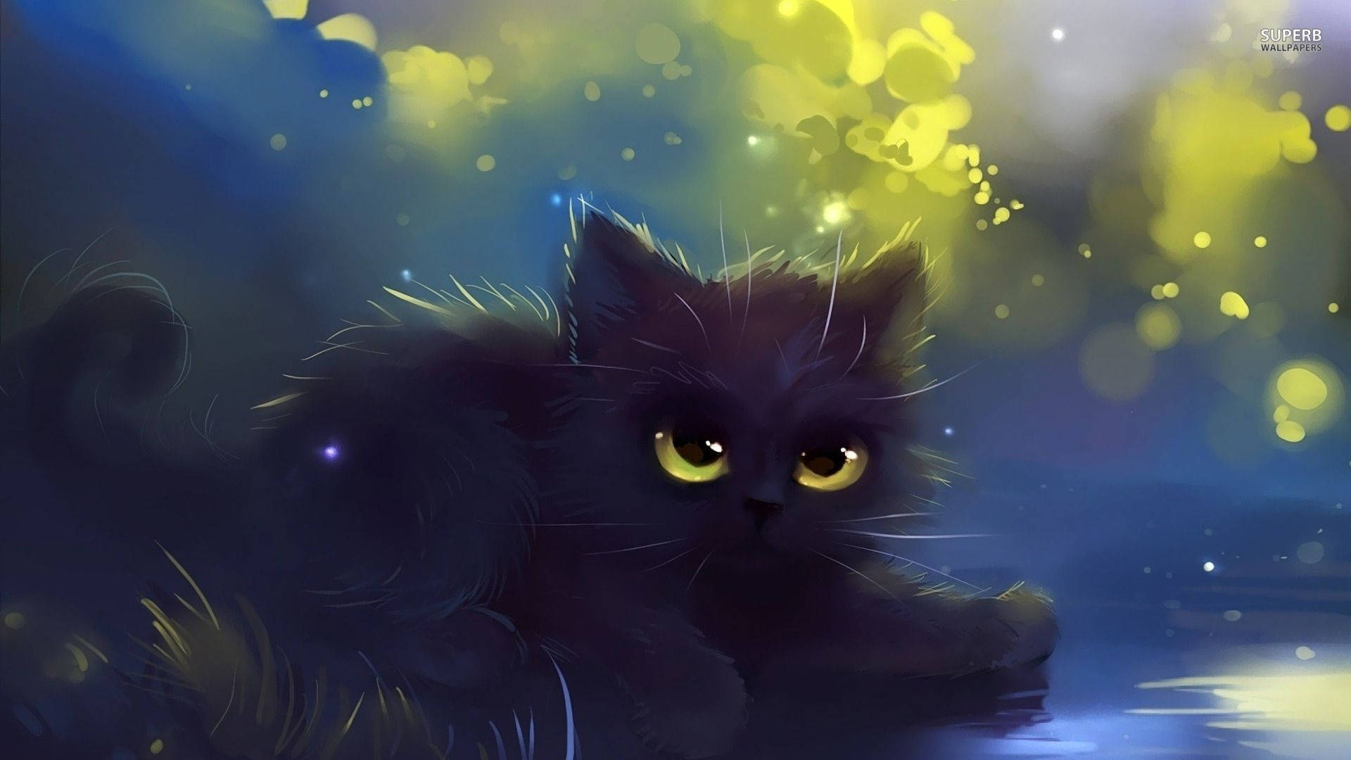 Kawaii Cat With Yellow Eyes Surrounded By Clouds Background