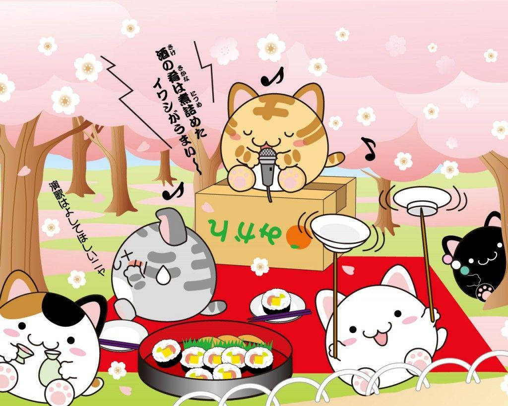 Kawaii Cats In Japanese Picnic Background